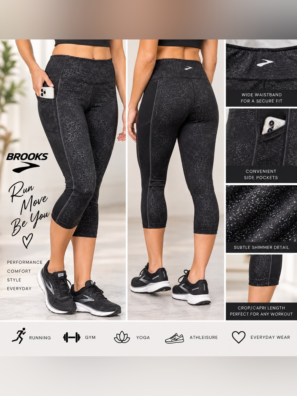 Brooks Women’s Medium Black Shimmer Capri Running Leggings with Side Pockets